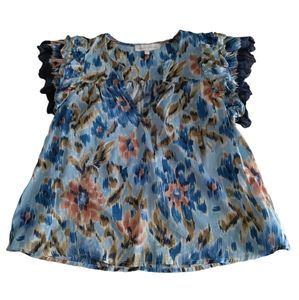 House Of Harlow 1960 Size Small Blue Abstract Floral Ruffle Tiered Sleeve Top